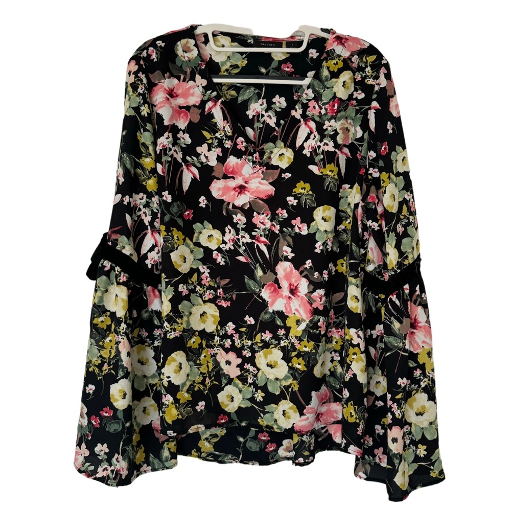 Halogen V-Neck Black Floral Long Sleeve Bell‎ Sleeve Velvet Tie Blouse Small